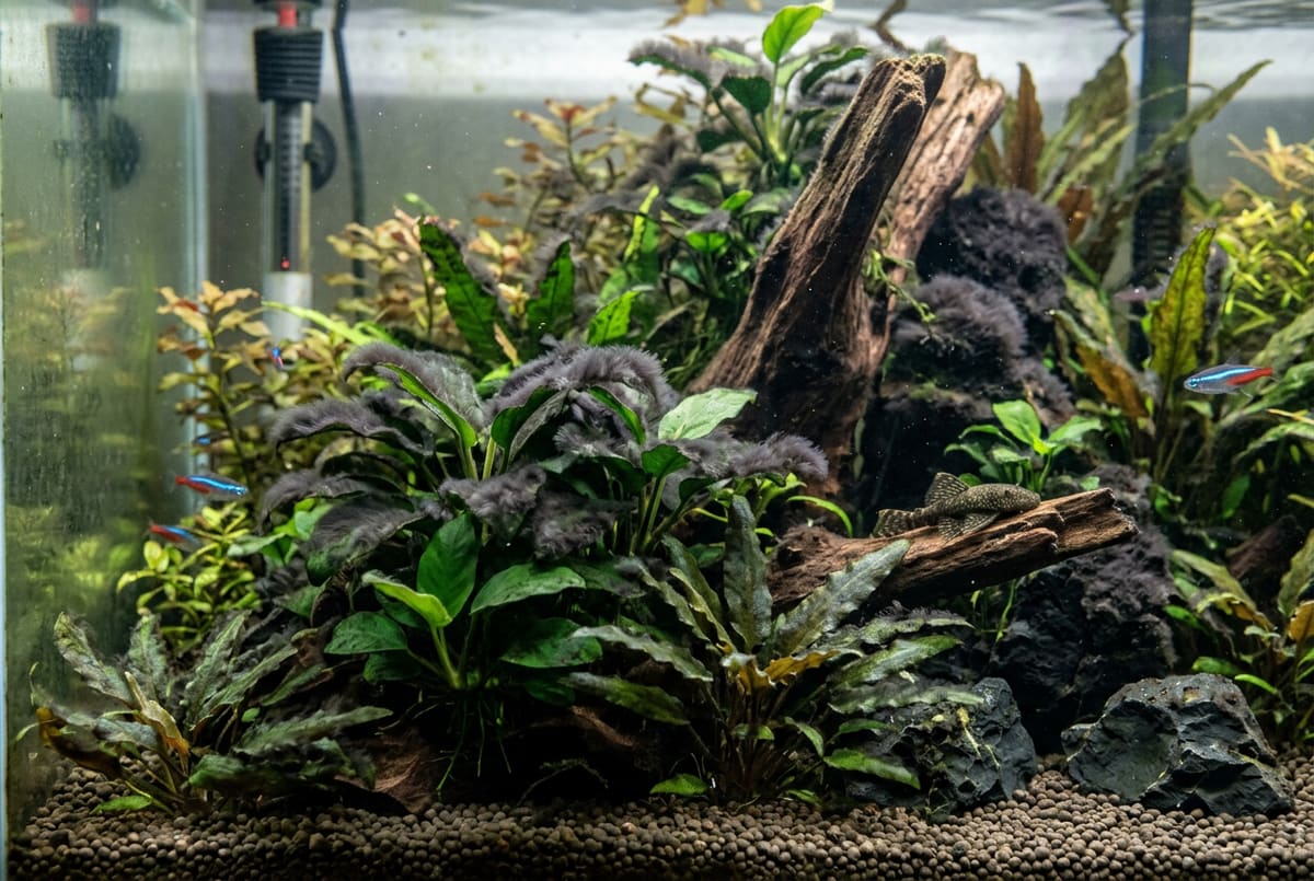 Black beard algae: dark bristly tufts on leaf edges and wood