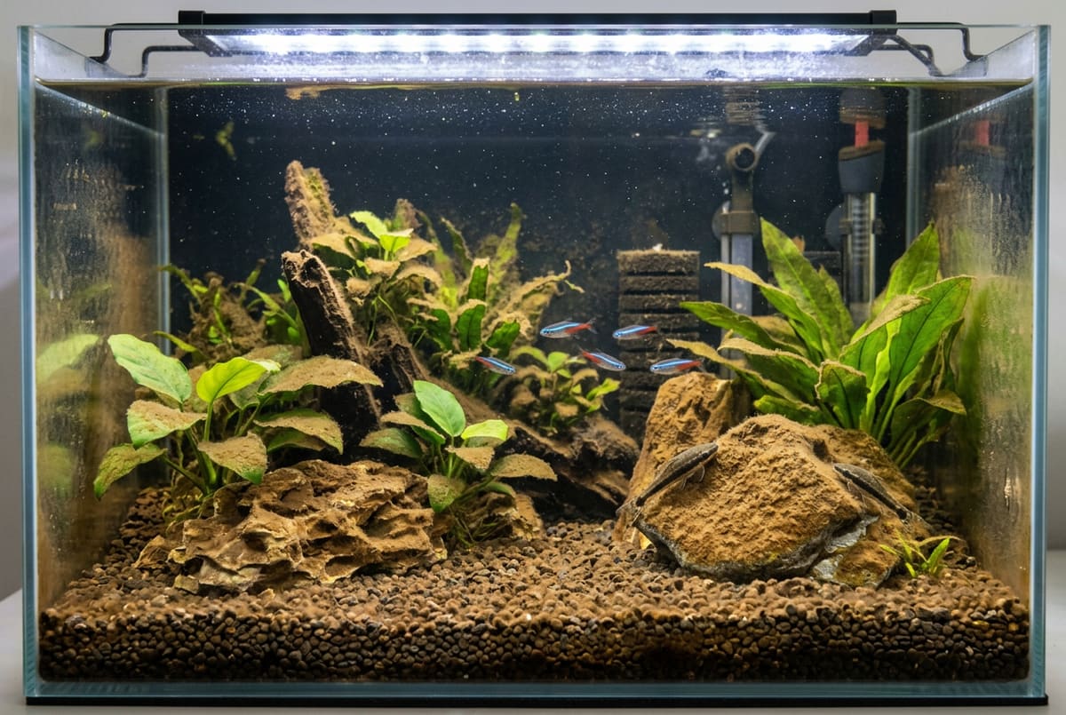 Diatoms: a soft brown dust coating the glass and leaves of a new tank
