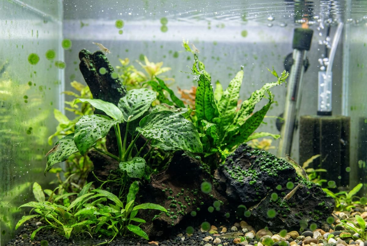 Green spot algae: small hard green dots stuck to the glass