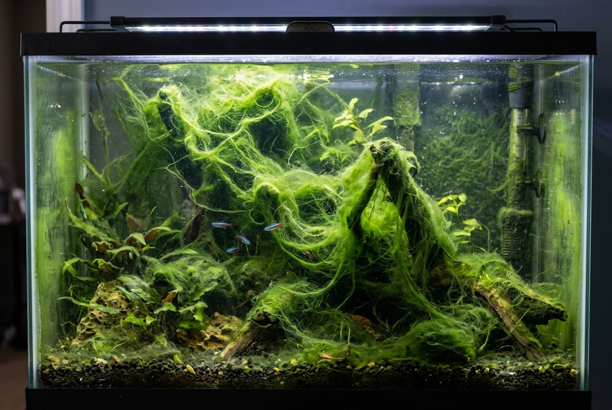 Hair and thread algae: soft green strands on plants and wood
